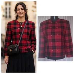 Red Black Tartan Wool Blazer Size 6 Vintage Preppy Heritage Jacket